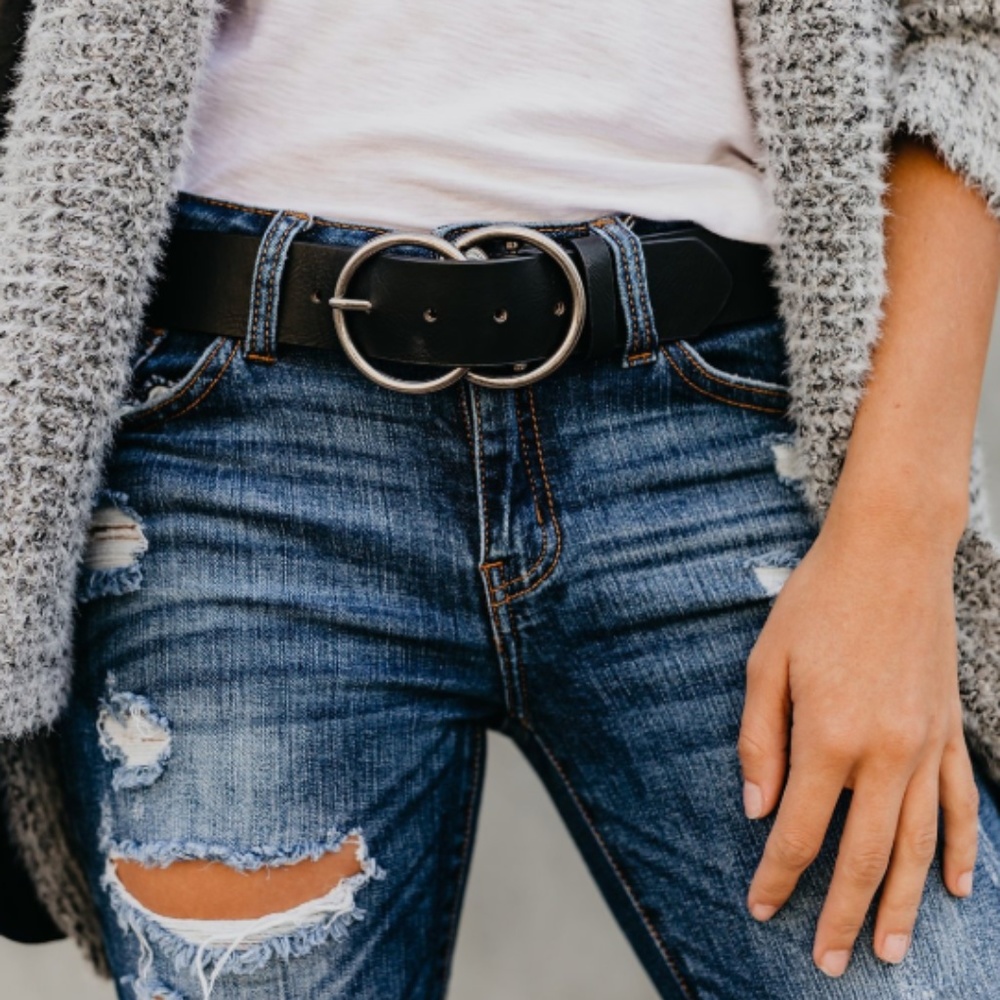 Vegan Leather Double Buckle Belt - Black